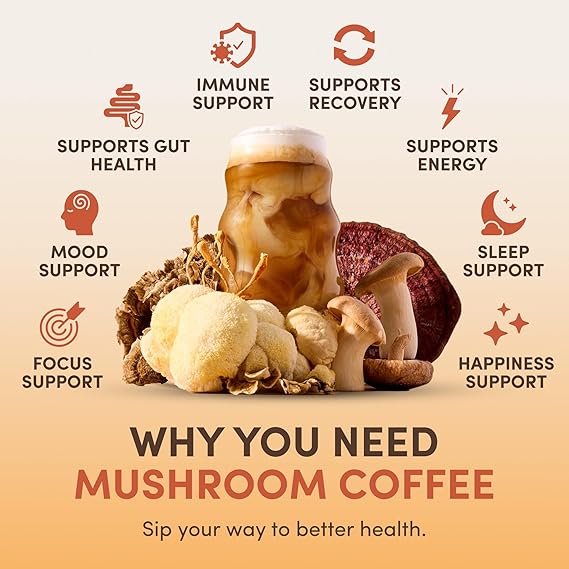 Mushroom Coffee for Energy & Focus (30 Servings) | Coffee Blend for Gut Health & Immunity | Instant Coffee with Lion’s Mane & Reishi - Bio Nutritional Hub