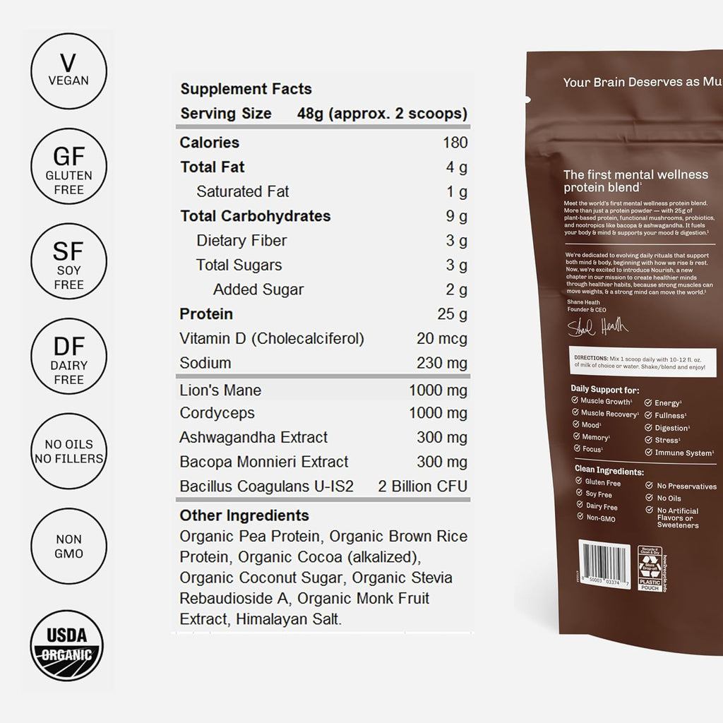 Chocolate Mushroom Protein Powder (15 Servings) | Adaptogenic Vegan Protein for Focus, Mood & Gut Health