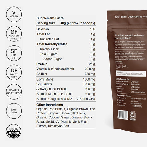 Chocolate Mushroom Protein Powder (15 Servings) | Adaptogenic Vegan Protein for Focus, Mood & Gut Health