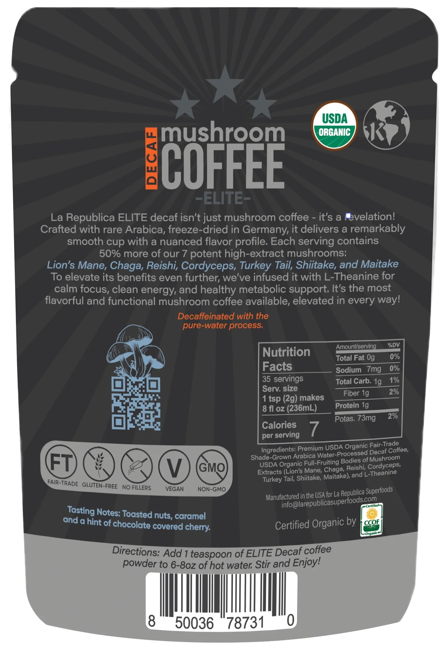 Decaf Mushroom Coffee (35 Servings) | Organic, Water - Processed, 8 Functional Mushrooms + L - Theanine - Bio Nutritional Hub