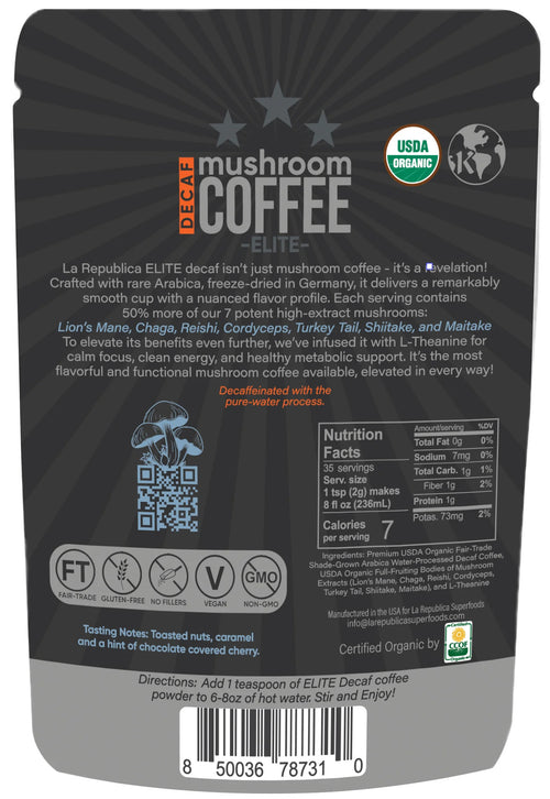 Decaf Mushroom Coffee (35 Servings) | Organic, Water - Processed, 8 Functional Mushrooms + L - Theanine - Bio Nutritional Hub