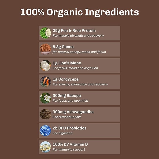 Chocolate Mushroom Protein Powder (15 Servings) | Adaptogenic Vegan Protein for Focus, Mood & Gut Health