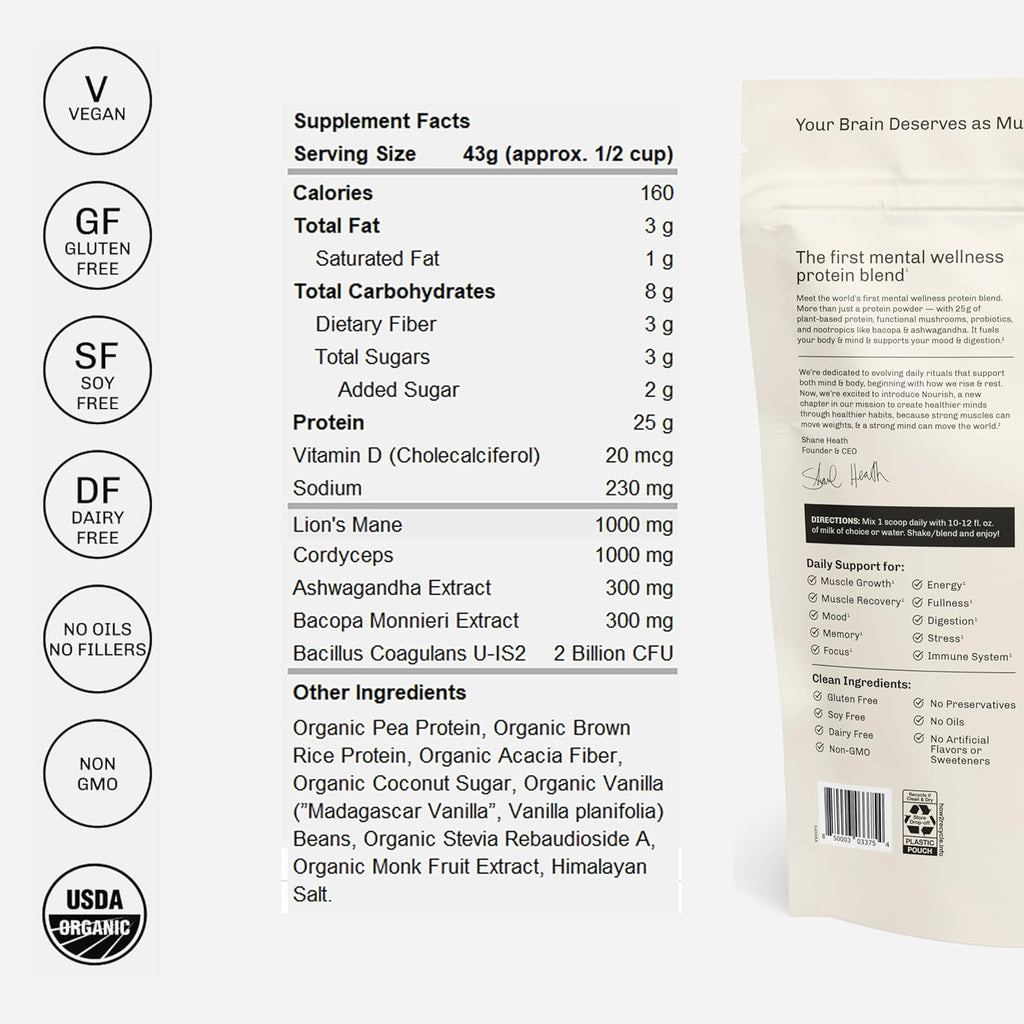 Mushroom Protein Powder Vanilla (15 Servings) | Adaptogenic Vegan Protein | Plant - Based Superfood Protein Blend