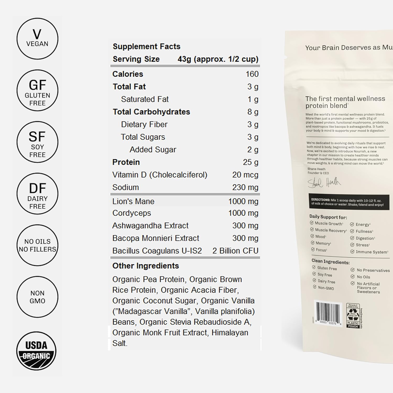 Mushroom Protein Powder Vanilla (15 Servings) | Adaptogenic Vegan Protein | Plant - Based Superfood Protein Blend